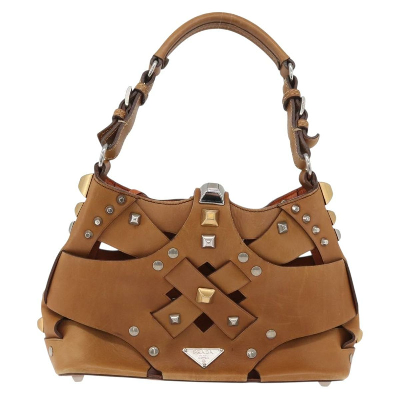 【日本直送】PRADA 鉚釘肩背包 皮革塑膠 棕色 銀色 正品 172906SAV-12