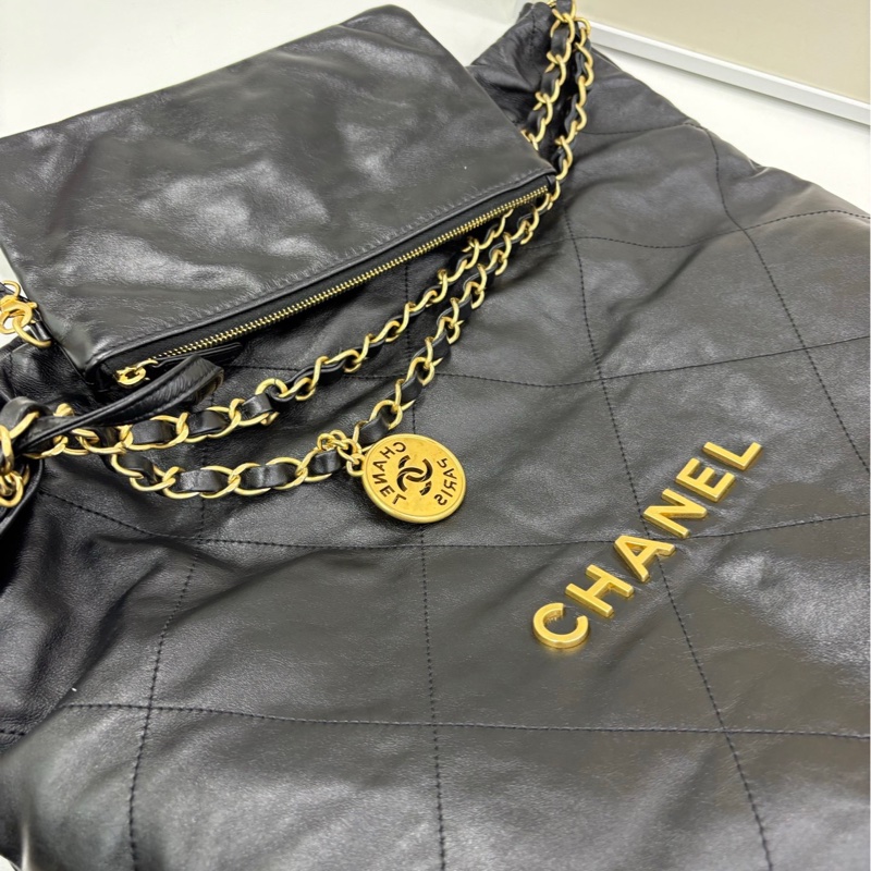 Chanel 香奈兒 22bag黑金牛皮中號垃圾袋 22年晶片款-7
