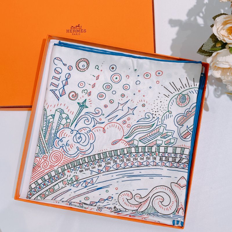 TW4746  Hermes 愛馬仕 90cm方巾 H標誌 Please Hold The Line 90x90cm Scarf Blanc/Blue-1
