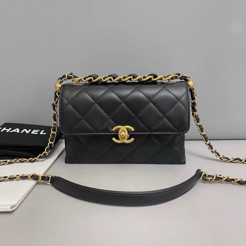 Chanel香奈兒 黑金全皮菱格雙金珠手柄口蓋包 芯片-0