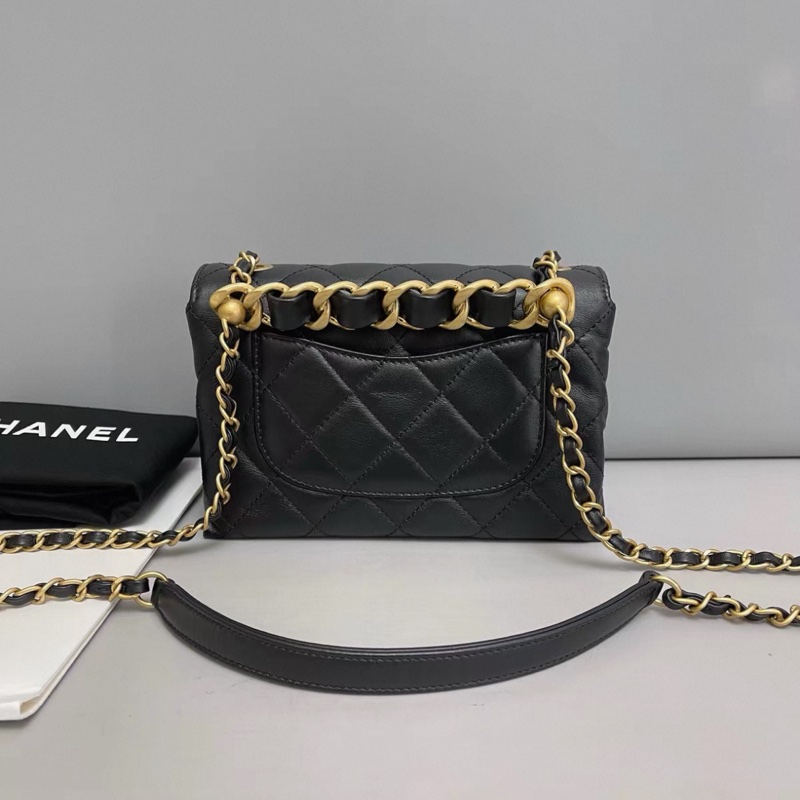 Chanel香奈兒 黑金全皮菱格雙金珠手柄口蓋包 芯片-1