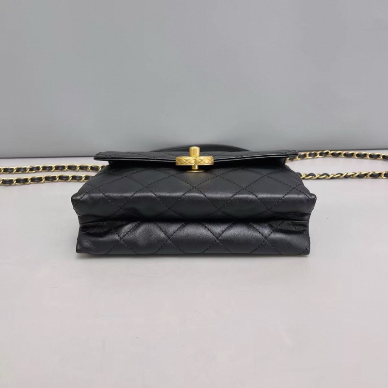 Chanel香奈兒 黑金全皮菱格雙金珠手柄口蓋包 芯片-3