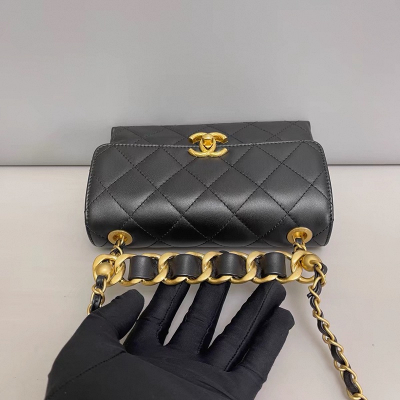 Chanel香奈兒 黑金全皮菱格雙金珠手柄口蓋包 芯片-4