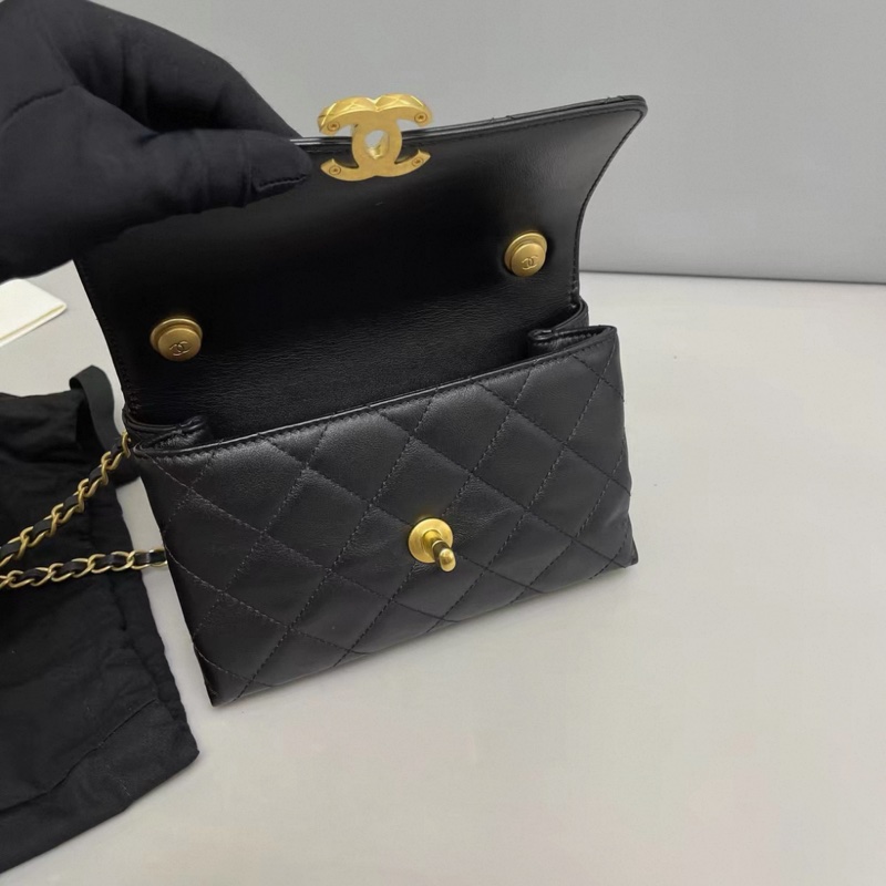 Chanel香奈兒 黑金全皮菱格雙金珠手柄口蓋包 芯片-5