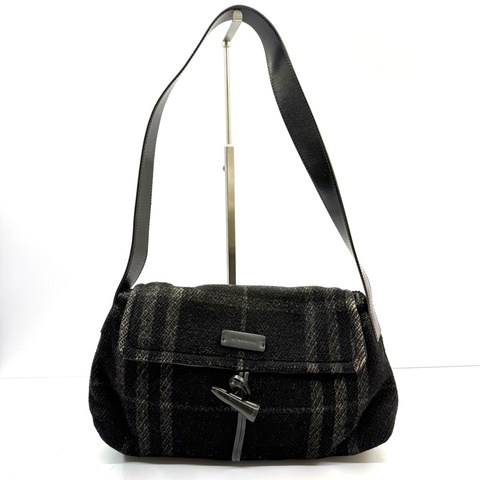 BURBERRY 巴寶莉 黑色毛呢肩背包 NOVA CHECK WOOL