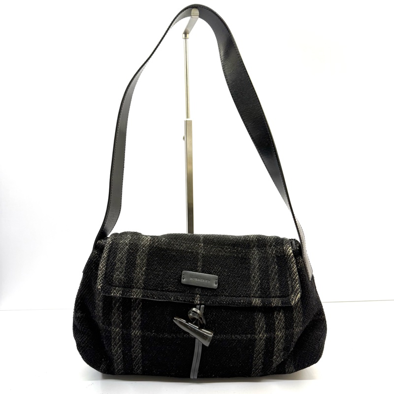 BURBERRY 巴寶莉 黑色毛呢肩背包 NOVA CHECK WOOL-0