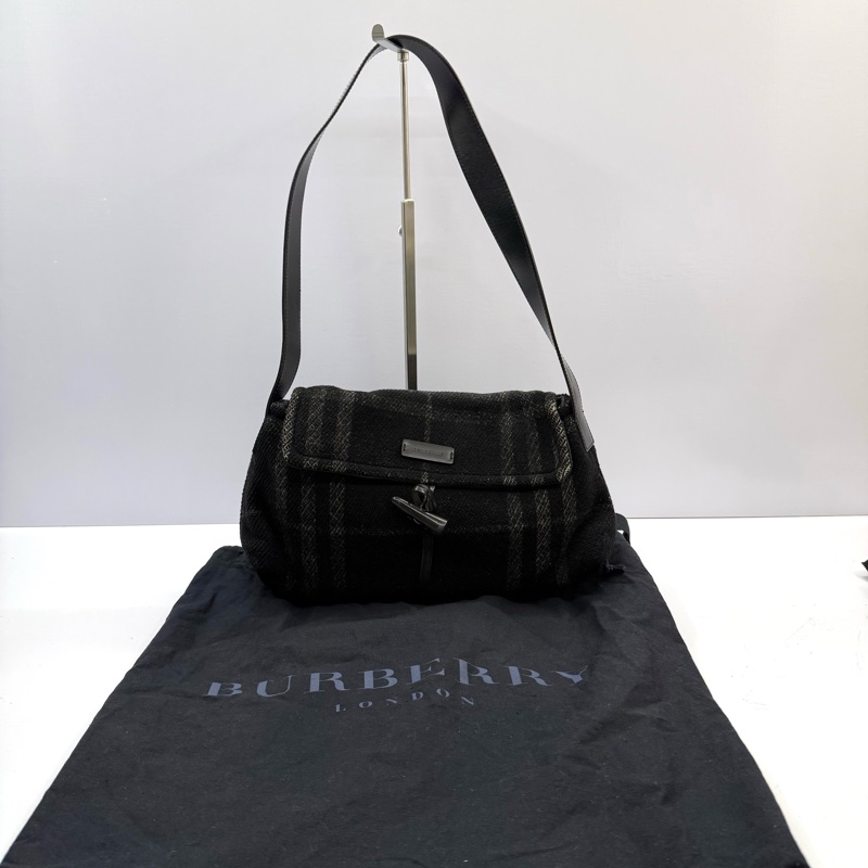 BURBERRY 巴寶莉 黑色毛呢肩背包 NOVA CHECK WOOL-2