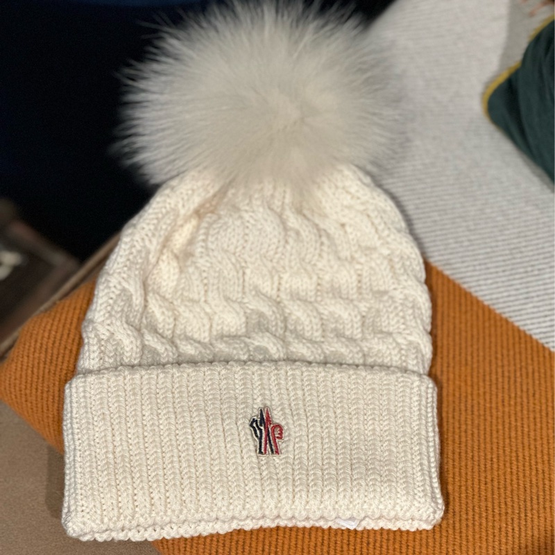 Moncler Grenoble 頂級羊絨混紡狐狸毛球針織帽 (米白色)-5