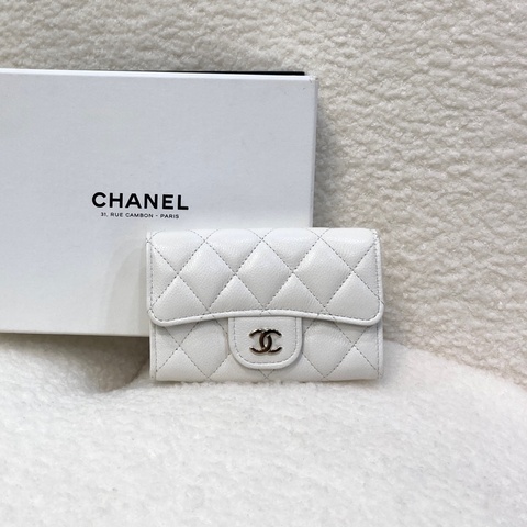 Chanel 香奈兒 Classic Flap卡包 白色荔枝牛皮 銀釦卡片零錢包 AP0214