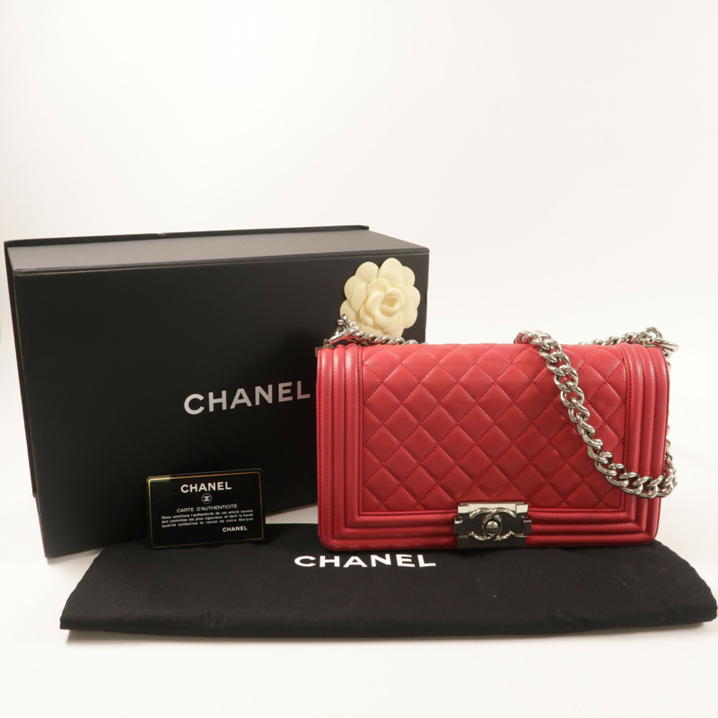 CHANEL 羊皮皮革Boy 25銀扣鏈帶肩背袋-10