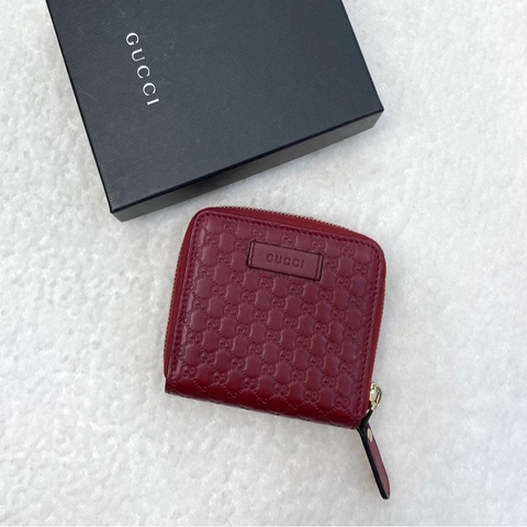 Gucci 古馳 Guccissima壓紋牛皮中短夾 紅色拉鍊零錢短夾 經典GG壓紋皮夾 449395