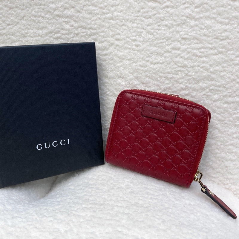 Gucci 古馳 Guccissima壓紋牛皮中短夾 紅色拉鍊零錢短夾 經典GG壓紋皮夾 449395-1