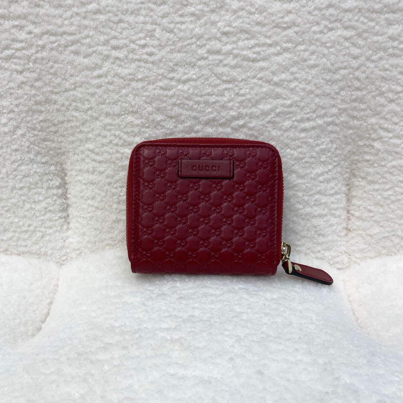 Gucci 古馳 Guccissima壓紋牛皮中短夾 紅色拉鍊零錢短夾 經典GG壓紋皮夾 449395-2