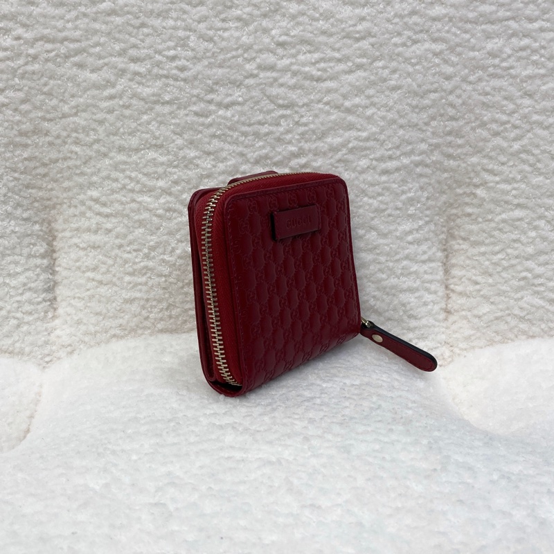 Gucci 古馳 Guccissima壓紋牛皮中短夾 紅色拉鍊零錢短夾 經典GG壓紋皮夾 449395-4