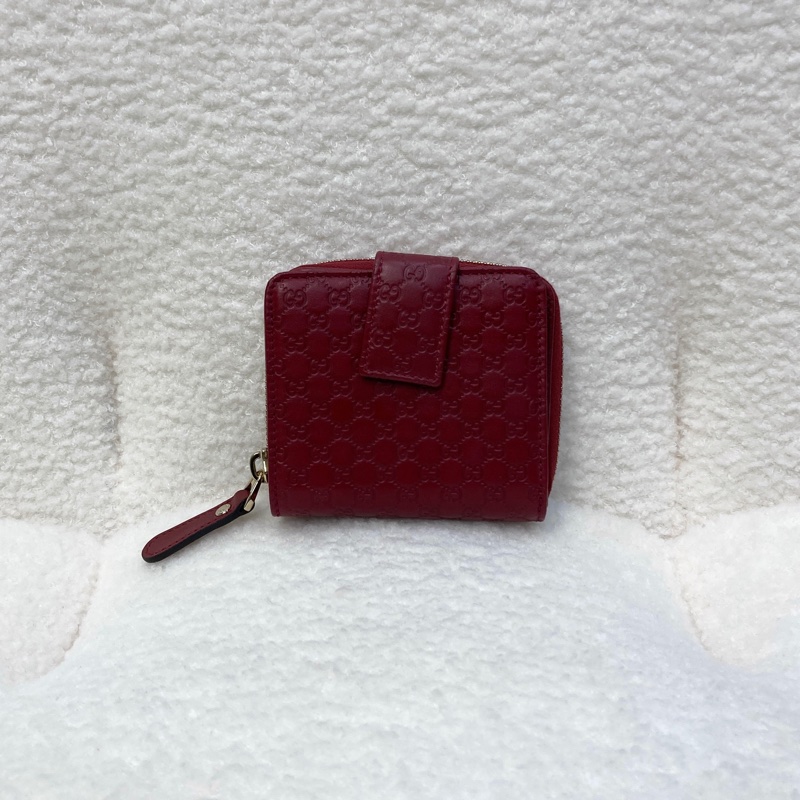 Gucci 古馳 Guccissima壓紋牛皮中短夾 紅色拉鍊零錢短夾 經典GG壓紋皮夾 449395-5