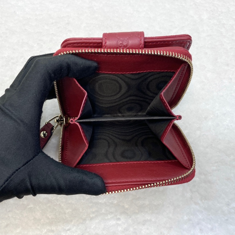 Gucci 古馳 Guccissima壓紋牛皮中短夾 紅色拉鍊零錢短夾 經典GG壓紋皮夾 449395-7