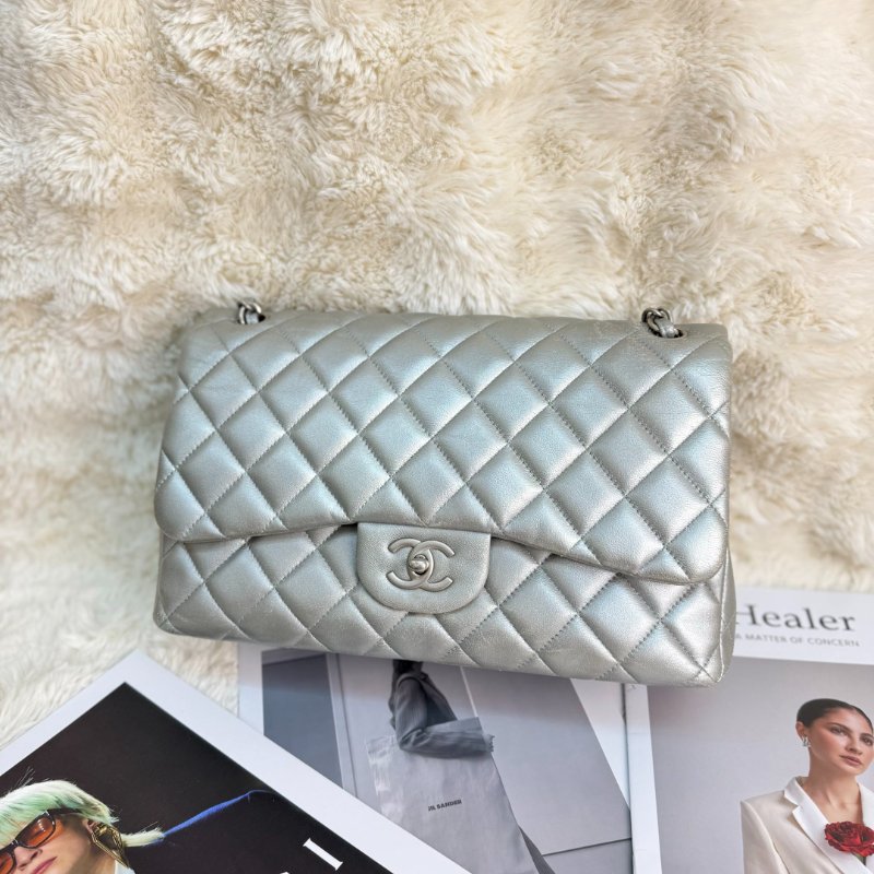 Chanel CLASSIC FLAP 雙蓋 銀色 菱格紋 牛皮 大號Jumbo 做舊銀扣-0