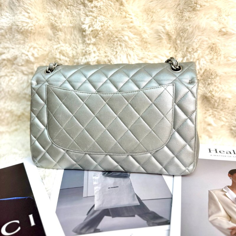 Chanel CLASSIC FLAP 雙蓋 銀色 菱格紋 牛皮 大號Jumbo 做舊銀扣-2