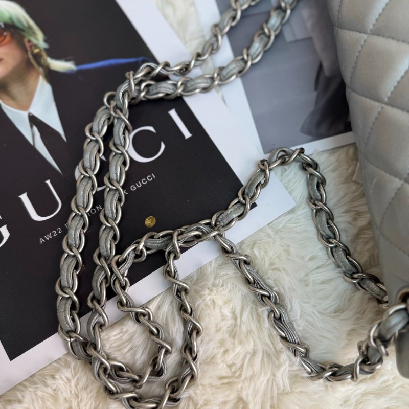 Chanel CLASSIC FLAP 雙蓋 銀色 菱格紋 牛皮 大號Jumbo 做舊銀扣-5