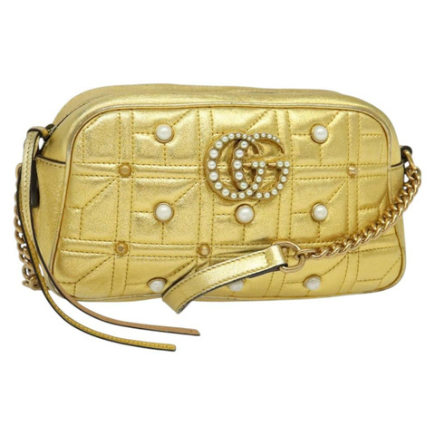 GUCCI GG Marmont 小號相機包 鏈條包 皮革 金色 447632 正品 138001V