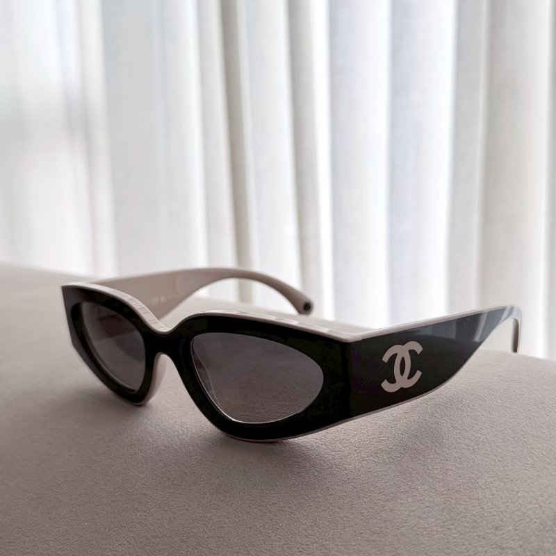 chanel 奶棕色奶茶色拚黑色太陽眼鏡 6056 全新全配-5