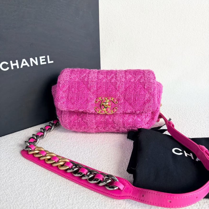Chanel 19bag系列毛呢腰包 粉色金扣 毛呢拼皮19*11*5 99新配件塵袋-1