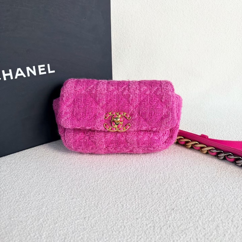 Chanel 19bag系列毛呢腰包 粉色金扣 毛呢拼皮19*11*5 99新配件塵袋-2