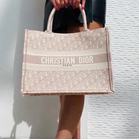 Dior老花刺繡Booktote中號 粉色 98新配件塵袋 35*27*16.5
