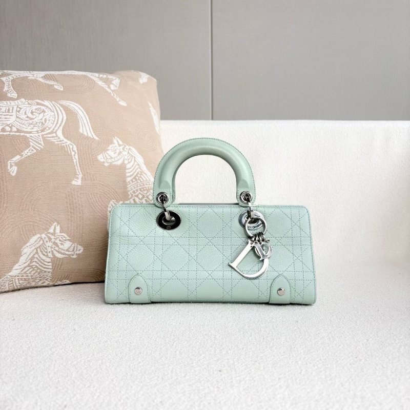 Dior中古橫版黛妃手提包 銀扣 薄荷綠 98新配件塵袋 26*12*9-2