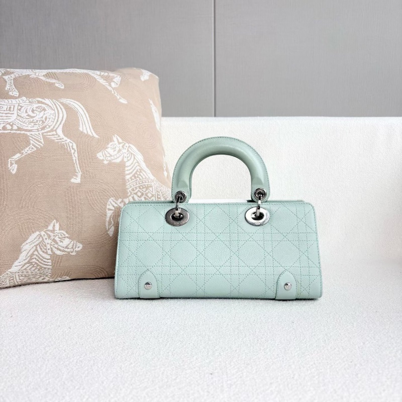 Dior中古橫版黛妃手提包 銀扣 薄荷綠 98新配件塵袋 26*12*9-8