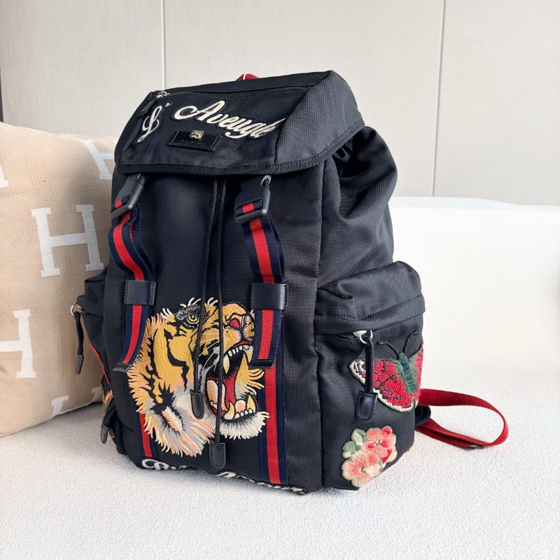 Gucci刺繡虎頭後背包 黑色 98新配件塵袋購證32*45*14-4