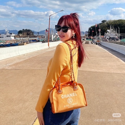 CHANEL橙色銀扣手提肩背保齡球 沙灘包27*17*12 98新配件塵袋