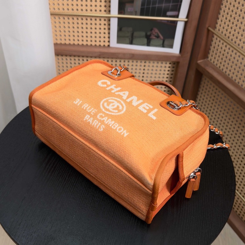 CHANEL橙色銀扣手提肩背保齡球 沙灘包27*17*12 98新配件塵袋-5