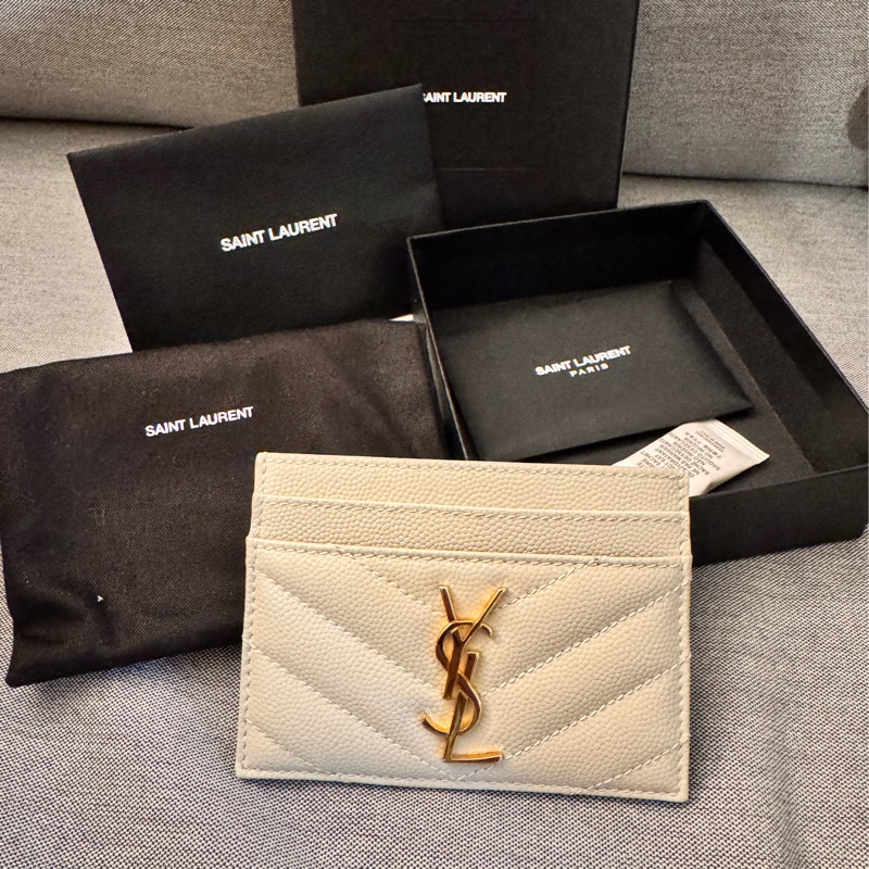 YSL荔枝紋白色皮革卡夾-0