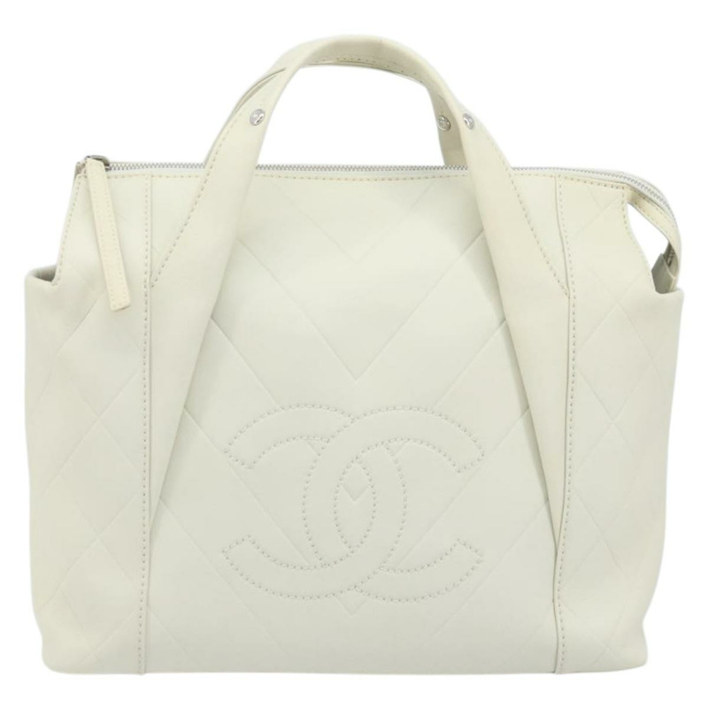 【日本直送】香奈兒白色銀色雙C標誌皮革手提包 Auth bs32771-12