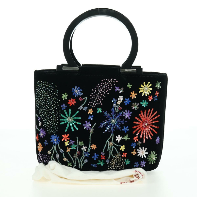 【日本直送】Salvatore Ferragamo 串珠手提包 絲絨 黑色 銀色 正品 172459V-11