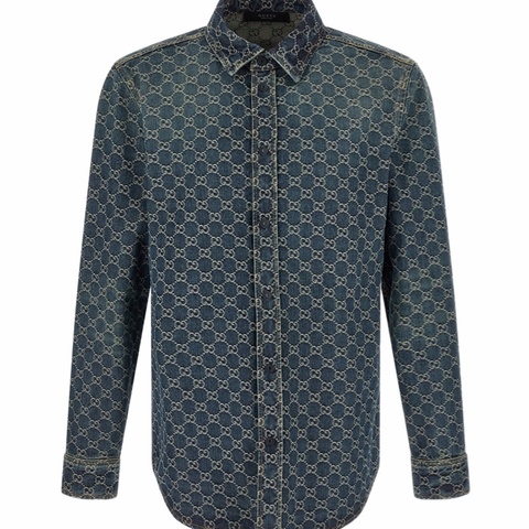 Gucci 男士 GG棉質牛仔提花襯衫IT-44 IT-46 IT-48 IT-50 IT-52 IT-54 IT-56 IT-58碼