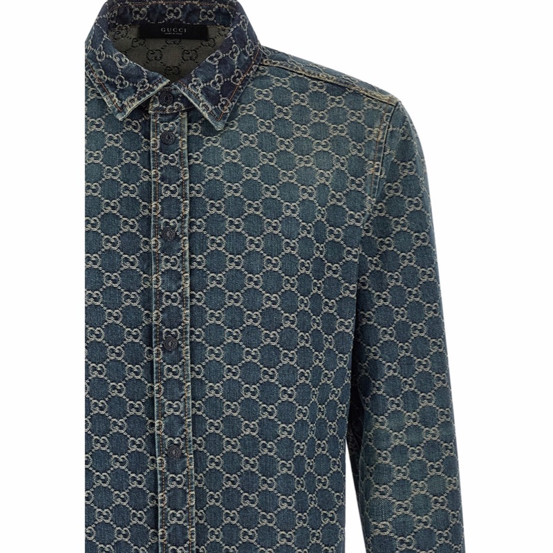 Gucci 男士 GG棉質牛仔提花襯衫IT-44 IT-46 IT-48 IT-50 IT-52 IT-54 IT-56 IT-58碼-1