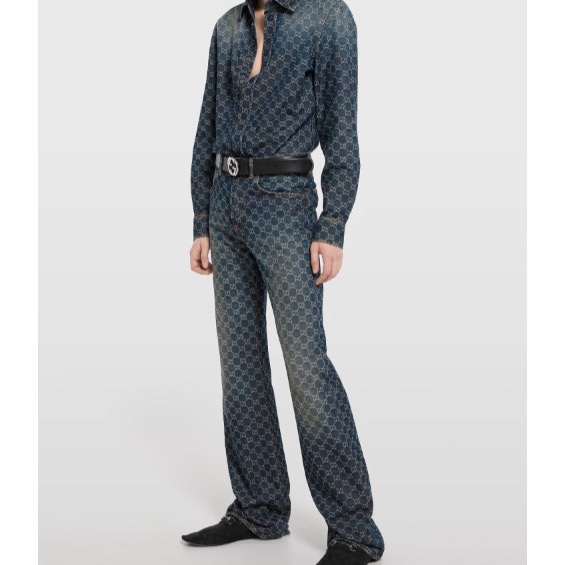 Gucci 男士 GG棉質牛仔提花襯衫IT-44 IT-46 IT-48 IT-50 IT-52 IT-54 IT-56 IT-58碼-5