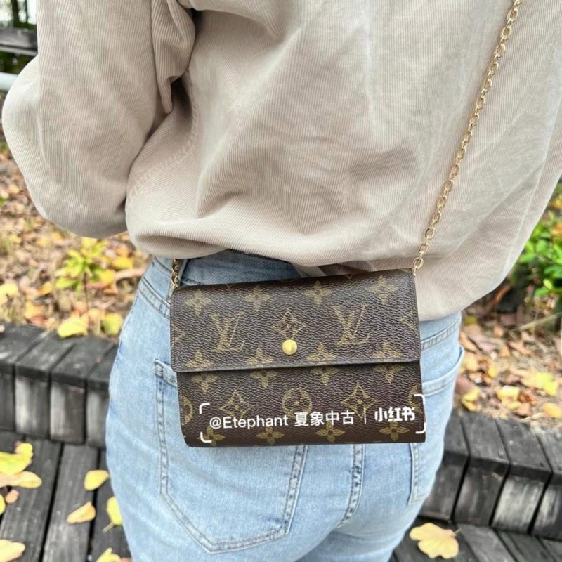LV M61202 老花三折中夾 附卡夾鏈條組升級小包背🏅-0