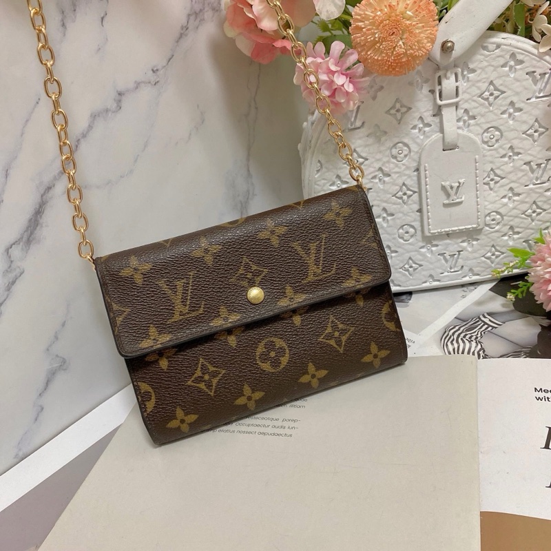 LV M61202 老花三折中夾 附卡夾鏈條組升級小包背🏅-3