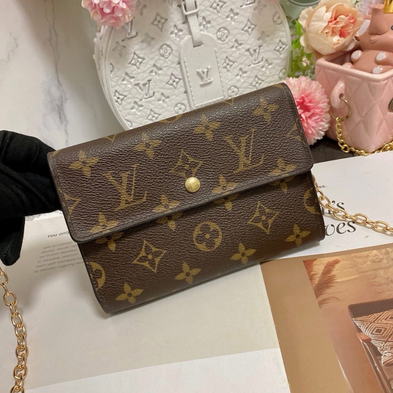 LV M61202 老花三折中夾 附卡夾鏈條組升級小包背🏅-15