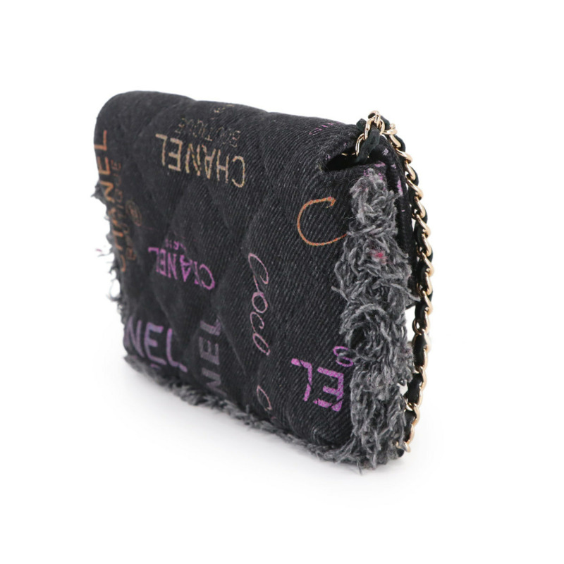 香奈兒 Matelasse 迷你鏈條肩背包，黑色牛仔布材質，金色五金配件 (AP2602)-3