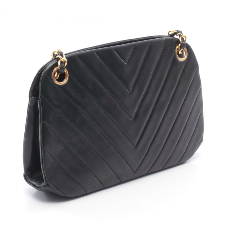 香奈兒 (CHANEL) 羊皮 V 字形縫線鏈單背包，黑色，二手，金色五金-1