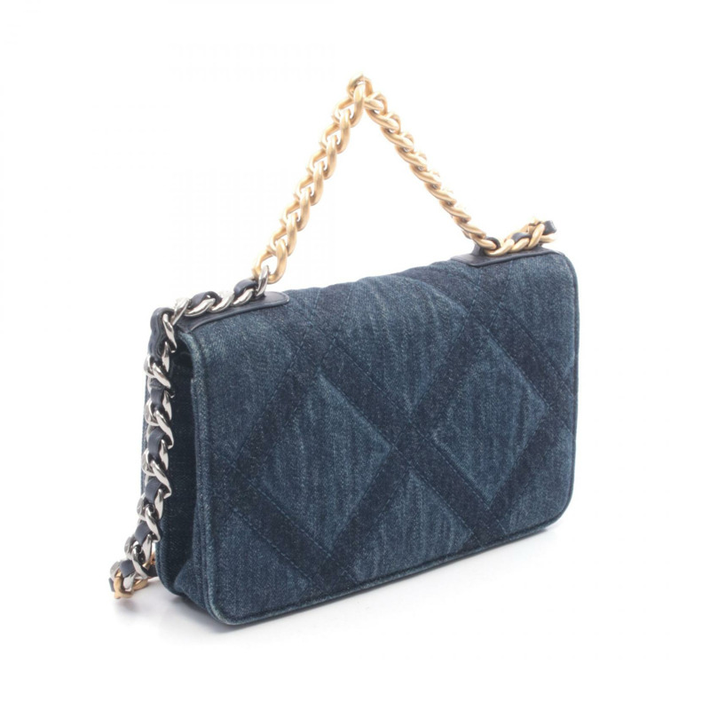 香奈兒 19 款 dix-neuf 鏈肩挎斜挎包 牛仔布 海軍藍 二手 女士 CC Coco-1