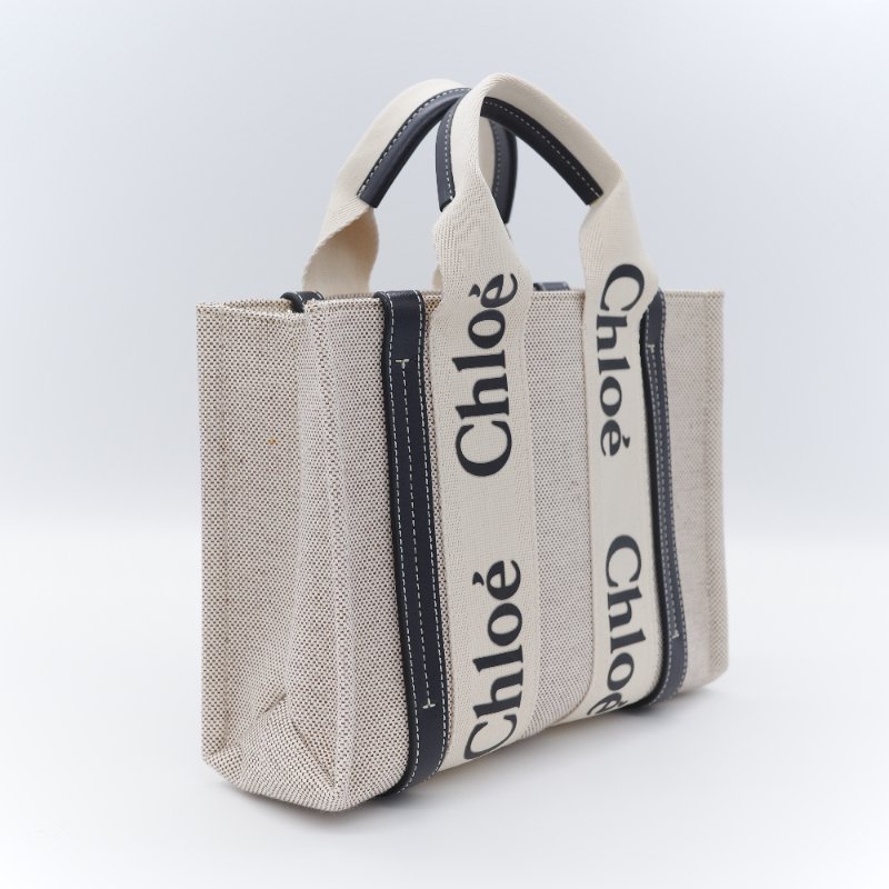 Chloé 寇伊 經典 Woody 小號 黑色 米色 帆布托特包 手提包-1