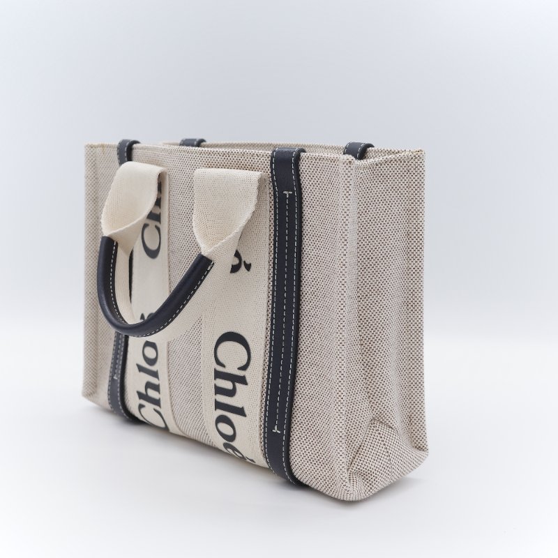 Chloé 寇伊 經典 Woody 小號 黑色 米色 帆布托特包 手提包-2