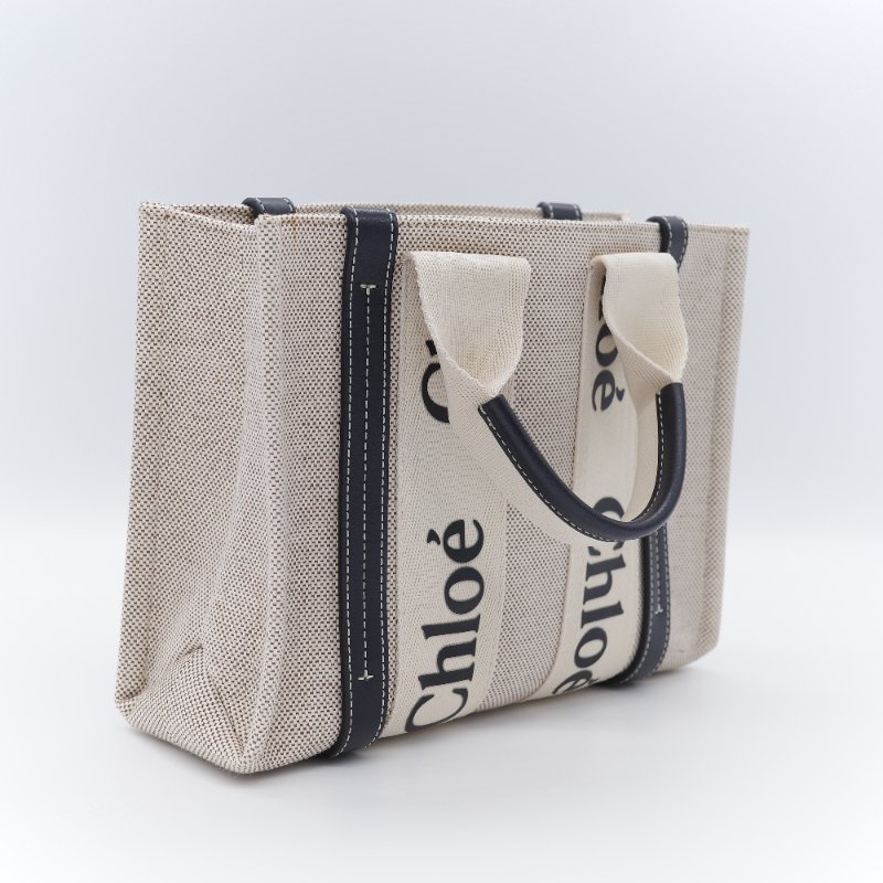 Chloé 寇伊 經典 Woody 小號 黑色 米色 帆布托特包 手提包-4