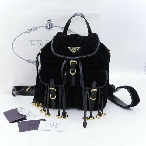 Prada 普拉達 Corsaire 黑色 天鵝絨 金屬環裝飾 後背包 雙肩包