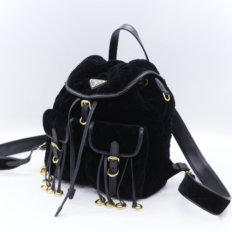Prada 普拉達 Corsaire 黑色 天鵝絨 金屬環裝飾 後背包 雙肩包-2